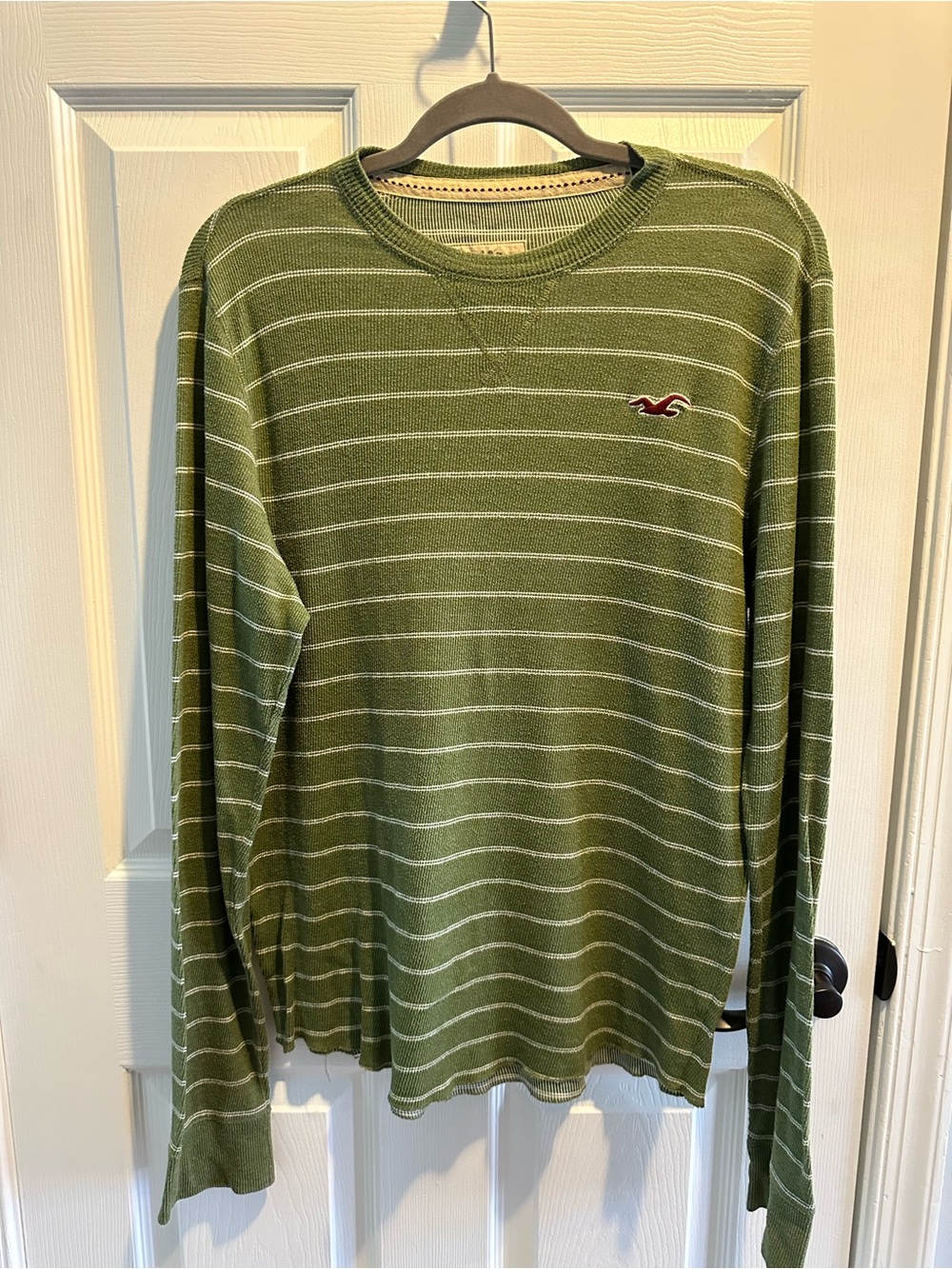 Hollister Men's Green Striped Waffle Knit Thermal Long Sleeve Crewneck Size M